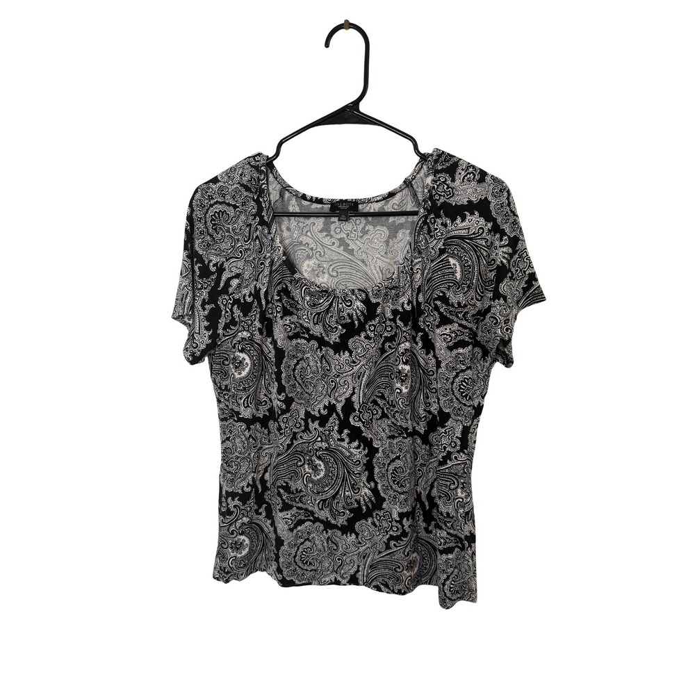 Talbots Petites XL Black White Paisley Scoop Neck Short Sleeve Knit Top Blouse